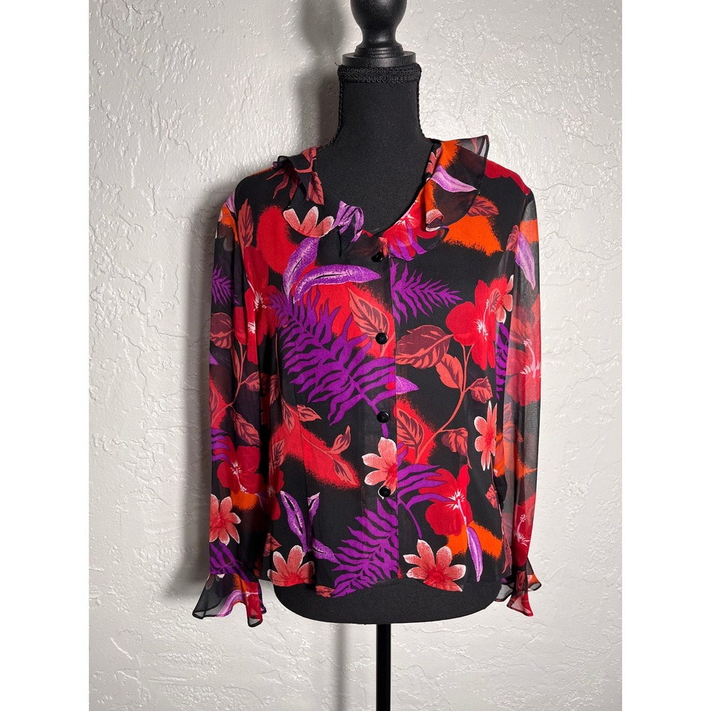 Patchington 100% Silk Floral Ruffle Button Blouse Women's Small Black Boho